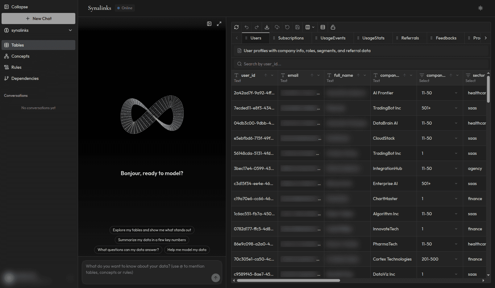 Synalinks data source connection interface showing database and file integrations