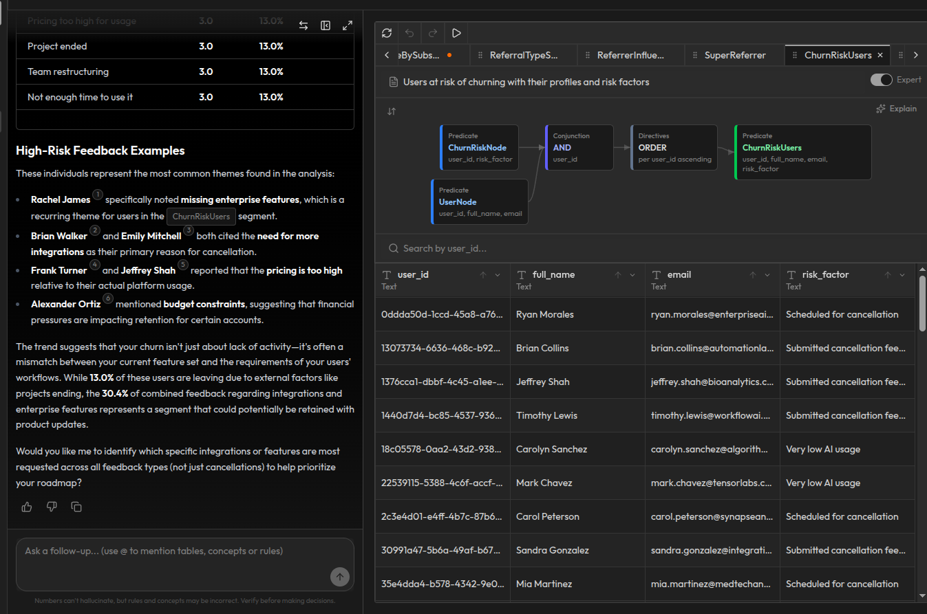 Rules in Synalinks Memory analyzing user feedback patterns and identifying users at risk of churning with their profiles and risk factors.